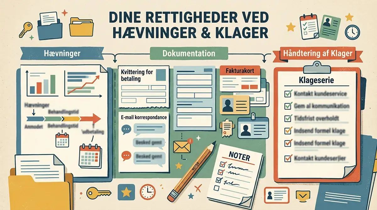 Dokumenter, udbetalingsnoter og klagepunkter samlet på en ryddelig skriveflade